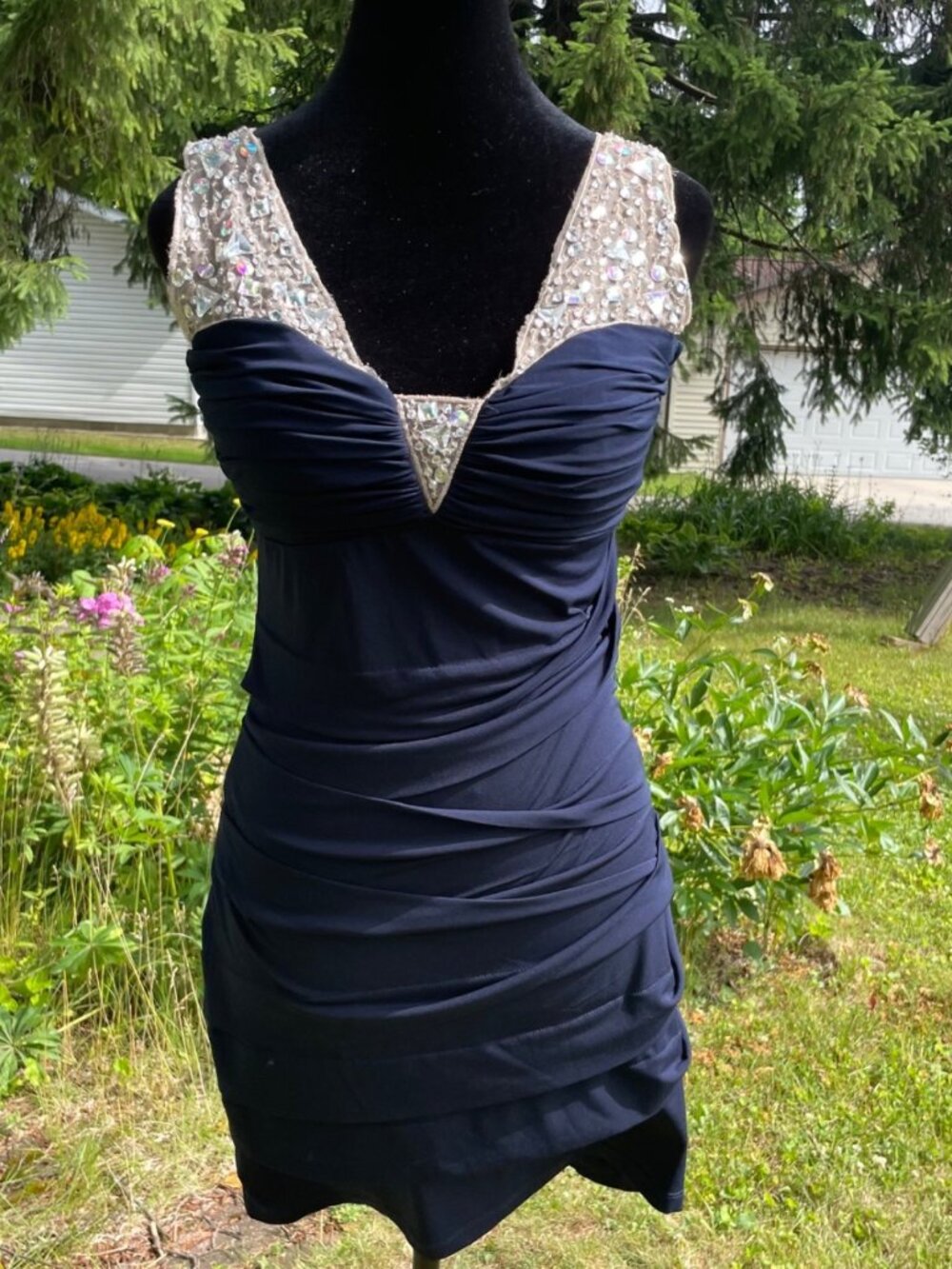 Vintage City Triangles Bodycon Mini Dress Rhinestone Stretch Navy 9 Glam Holiday